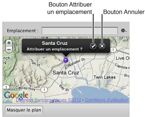 APPLE APERTURE 3.4 - Pour attribuer des informations d'emplacement à l'aide de la sous-fenêtre carte de l'inspecteur d'informations - 7