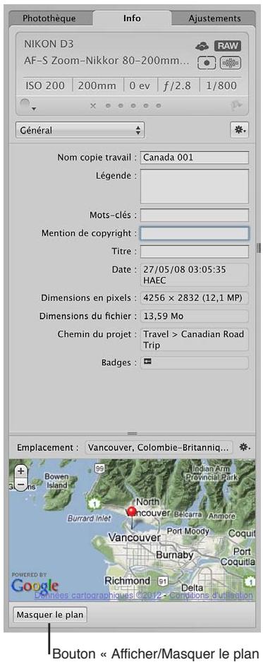 APPLE APERTURE 3.4 - Pour afficher les informations d'emplacement d'une photo à l'aide de la sous-fenêtre carte de l'inspecteur d'informations - 1
