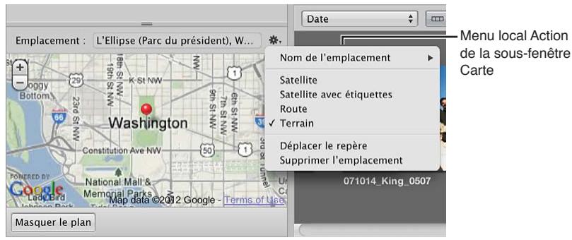APPLE APERTURE 3.4 - Pour afficher les informations d'emplacement d'une photo à l'aide de la sous-fenêtre carte de l'inspecteur d'informations - 3