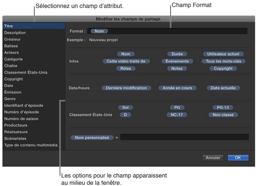 APPLE FINAL CUT PRO X - Modification des champs d'attribut affichés dans l'inspecteur de partage - 3