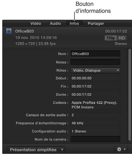 APPLE FINAL CUT PRO X - Affichage et modification des métadonnées de plans - 1