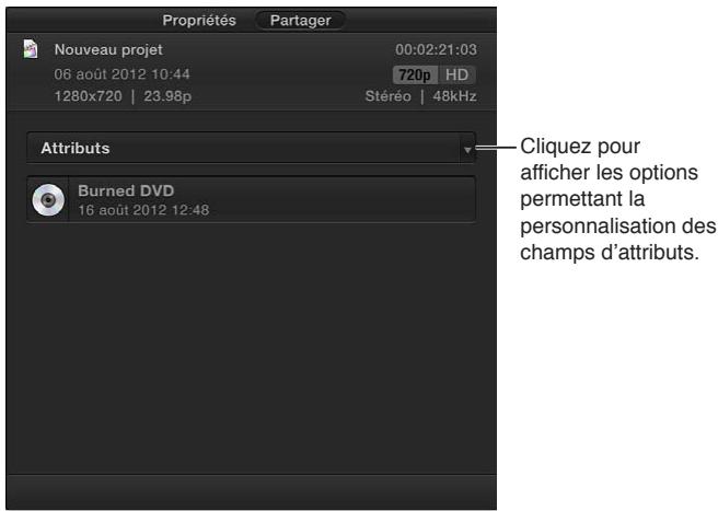 APPLE FINAL CUT PRO X - Modification des champs d'attribut affichés dans l'inspecteur de partage - 1