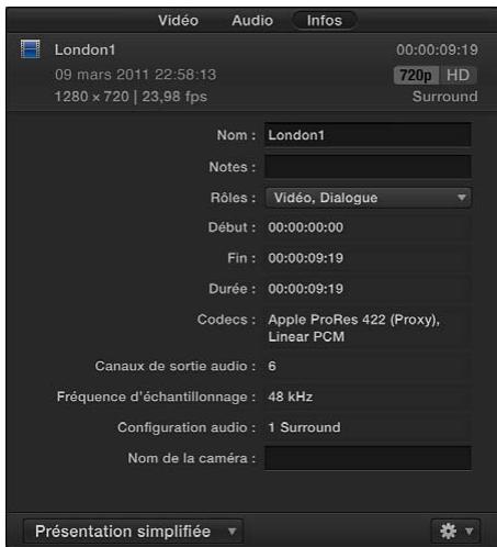 APPLE FINAL CUT PRO X - Affichage des informations relatives à un plan - 1
