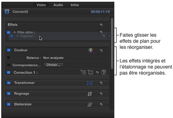 APPLE FINAL CUT PRO X - Modification de l'ordre des effets de plan vidéo et de clip audio à l'aide de l'inspecteur vidéo ou de l'inspecteur audio - 1