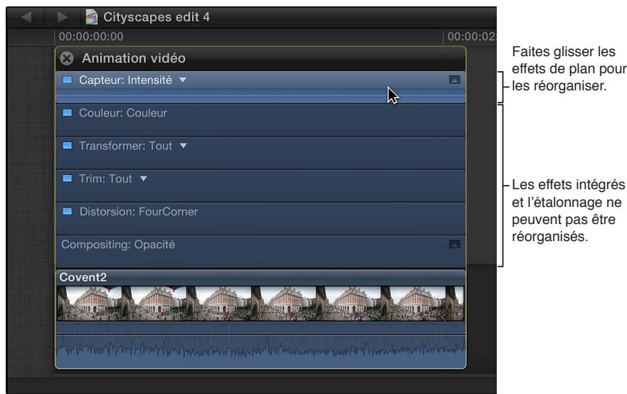 APPLE FINAL CUT PRO X - Modification de l'ordre des effets de plan vidéo et de clip audio à l'aide de l'inspecteur vidéo ou de l'inspecteur audio - 2