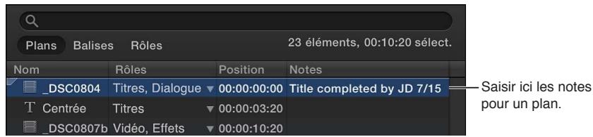 APPLE FINAL CUT PRO X - Ajout ou modification de notes de plan dans l'index de la timeline - 4