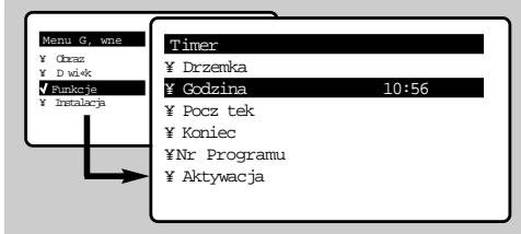 Menu G, wne ¥ Chraz ¥ D ziek ¥ Funkcja ¥ Instalacja Timer ¥ Drzemka ¥ Godzina 10:56 ¥ Pocz tek ¥ Koniec ¥Nr Programu ¥ Aktywacja