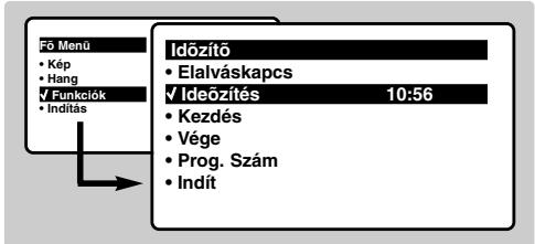F5 Menü • Kép • Hang √ Funkciók • Inditás Időzítő • Elalváskapcs √ Ideőzítés 10:56 • Kezdés • Vége • Prog. Szám • Indit