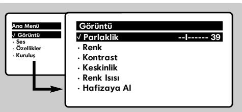 Ana Menu ✓ Görüntü - Ses - Özellikler - Kuruluş Görüntü ✓ Parlaklik --1----39 - Renk - Kontrast - Keskinlik - Renk Isisı - Hafizaya Al