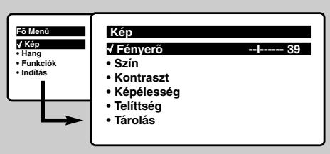 Fó Menu ✓ Kép • Hang • Funkciók • Indítás Kép ✓ Fényerő --I---- 39 • Szín • Kontraszt • Képélesség • Telíttség • Tárolás