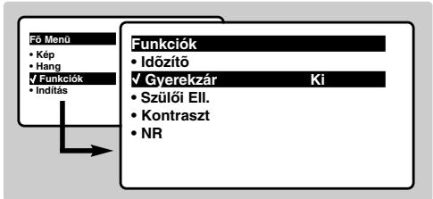 Fő Menü • Kép • Hang ✓ Funkciók • Indítás Funkciók • Időzítő ✓ Gyerekzár Ki • Szülói Ell. • Kontraszt • NR