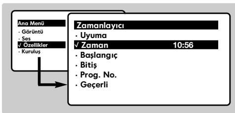 Ana Menu - Görüntü - Ses √ Özellikler - Kuruluş Zamanlayıcı - Uyuma √ Zaman 10:56 - Başlangıç - Bitiş - Prog. No. - Geçerli