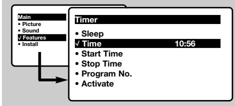 Main • Picture • Sound ✓ Features • Install Timer • Sleep ✓ Time 10:56 • Start Time • Stop Time • Program No. • Activate