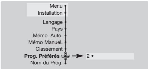 Menu Installation Langage Pays Mémo. Auto. Mémo Manuel. Classement Prog. Préférés Nom du Prog.