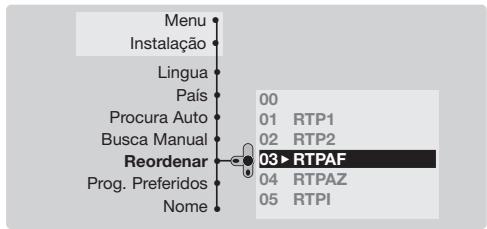 Menu Instalação Lingua País Procura Auto Busca Manual Reordenar Prog. Preferidos Nome 00 01 RTP1 02 RTP2 03► RTPAF 04 RTPAZ 05 RTPI