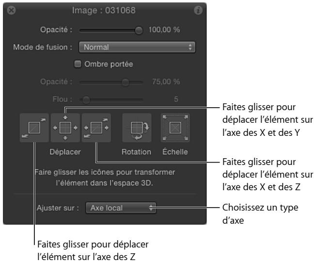 Image : 031068 Opacité : 100,00 % Mode de fusion : Normal Ombre portée Opacité : 75,00 % Flou : 5 Faites glisser pour déplacer l'élément sur l'axe des X et des Y Déplacer Rotation Échelle Faire glisser les icônes pour transformer l'élément dans l'espace 3D. Ajuster sur : Axe local Choisissez un type d'axe Faites glisser pour déplacer l'élément sur l'axe des Z