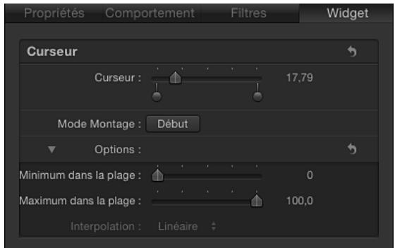 Propriétés Comportement Filtres Widget Curseur Curseur : 17,79 Mode Montage : Début Options : Minimum dans la plage : 0 Maximum dans la plage : 100,0 Interpolation : Linéaire