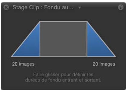 Stage Clip : Fondu au... 20 images 20 images Faire glisser pour définir les durées de fondu entrant et sortant.