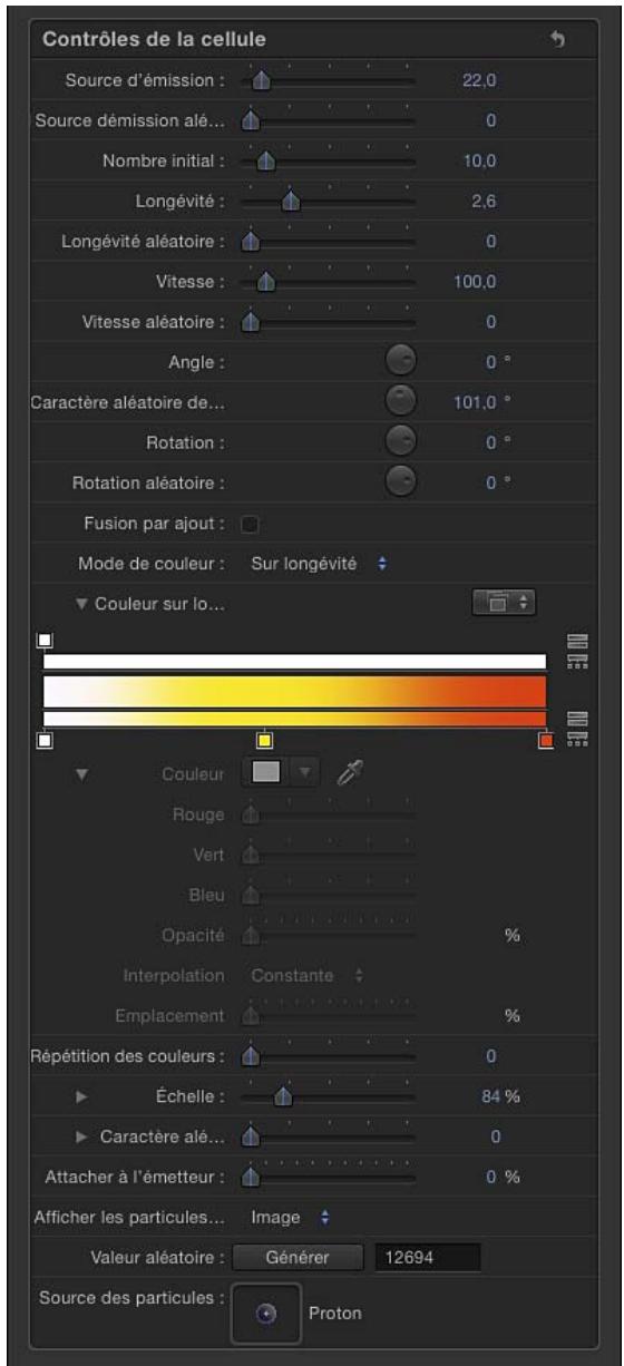 Contrôles de la cellule Source d'émission : 22,0 Source démission alé... 0 Nombre initial : 10,0 Longévité : 2,6 Longévité aléatoire : 0 Vitesse : 100,0 Vitesse aléatoire : 0 Angle : 0 ° Caractère aléatoire de... 101,0 ° Rotation : 0 ° Rotation aléatoire : 0 ° Fusion par ajout : Mode de couleur : Sur longévité Couleur sur lo... Couleur Rouge Vert Bleu Opacité % Interpolation Constante Emplacement % Répétition des couleurs : 0 Échelle : 84 % Caractère alé... 0 Attacher à l'émetteur : 0 % Afficher les particules... Image Valeur aléatoire : Générer 12694 Source des particules : Proton