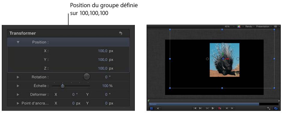 Position du groupe définie sur 100,100,100 Transformer Position : X : 100,0 px Y : 100,0 px Z : 100,0 px Rotation : 0 ° Échelle : 100 % Déformer : X 0 ° Y 0 ° Point d'ancra... X 0 px Y 0 px