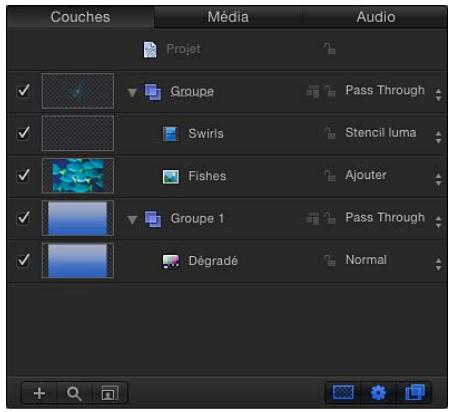 Couches Média Audio Projet ✓ Groupe Pass Through ✓ Swirls Stencil luma ✓ Fishes Ajouter ✓ Groupe 1 Pass Through ✓ Dégradé Normal