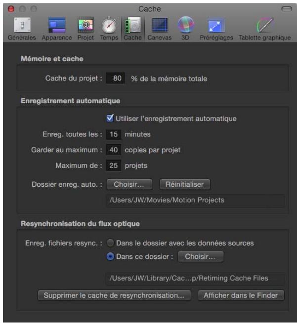 Cache Générales Apparence Projet Temps Cache Canevas 3D Préréglages Tablette graphique Mémoire et cache Cache du projet : 80 % de la mémoire totale Enregistrement automatique Utiliser l'enregistrement automatique Enreg. toutes les : 15 minutes Garder au maximum : 40 copies par projet Maximum de : 25 projets Dossier enreg. auto : Choisir... Réinitialiser /Users/JW/Movies/Motion Projects Resynchronisation du flux optique Enreg. fichiers resync. : Dans le dossier avec les données sources Dans ce dossier : Choisir... /Users/JW/Library/Cac...p/Retiming Cache Files Supprimer le cache de resynchronisation... Afficher dans le Finder