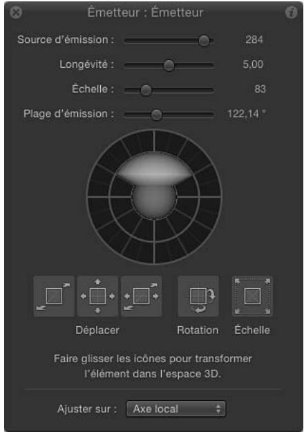 Émetteur : Émetteur Source d'émission : 284 Longévité : 5,00 Échelle : 83 Plage d'émission : 122,14 " Déplacer Rotation Échelle Faire glisser les icônes pour transformer l'élément dans l'espace 3D. Ajuster sur : Axe local