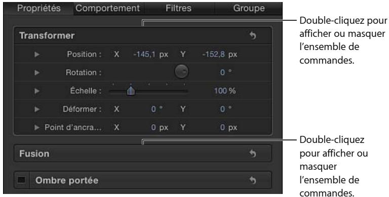 Propriétés Comportement Filtres Groupe Transformer Position : X -145,1 px Y -152,8 px Rotation : 0 ° Échelle : 100 % Déformer : X 0 ° Y 0 ° Point d'ancra... X 0 px Y 0 px Fusion Double-cliquez pour afficher ou masquer l'ensemble de commandes. Double-cliquez pour afficher ou masquer l'ensemble de commandes. Ombre portée