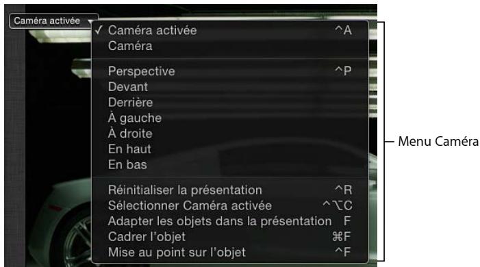 Caméra activée ✓ Caméra activée ^A Caméra Perspective ^P Devant Derrière À gauche À droite En haut En bas Réinitialiser la présentation ^R Sélectionner Caméra activée ^C Adapter les objets dans la présentation F Cadrer l'objet %F Mise au point sur l'objet ^F Menu Caméra