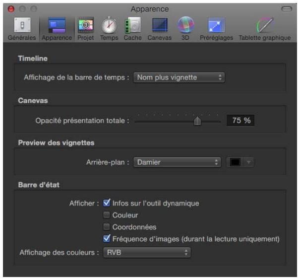 Apparence Générales Apparence Projet Temps Cache Canevas 3D Préréglages Tablette graphique Timeline Affichage de la barre de temps : Nom plus vignette Canevas Opacité présentation totale : 75 % Preview des vignettes Arrière-plan : Damier Barre d'état Afficher : Infos sur l'outil dynamique Couleur Coordonnées Fréquence d'images (durant la lecture uniquement) Affichage des couleurs : RVB