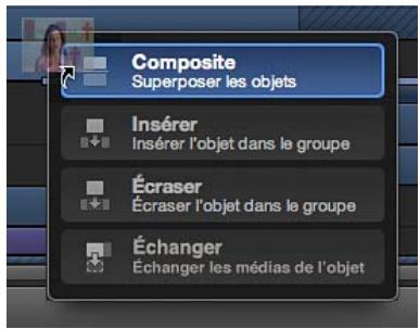 Composite Superposer les objets Insérer Insérer l'objet dans le groupe Écraser Écraser l'objet dans le groupe Échanger Échanger les médias de l'objet