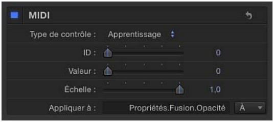 MIDI Type de contrôle : Apprentissage ID : 0 Valeur : 0 Échelle : 1.0 Appliquer à : Propriétés.Fusion.Opacité À