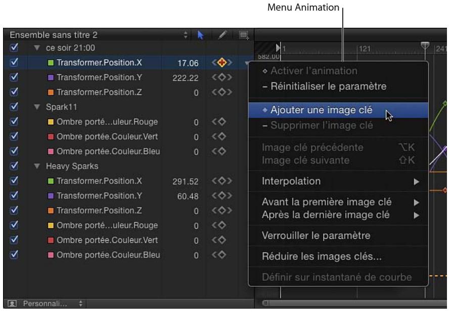 Menu Animation Ensemble sans titre 2 ce soir 21:00 Transformer.Position.X 17.06 Transformer.Position.Y 222.22 Transformer.Position.Z 0 Spark11 Ombre porté...uleur.Rouge 0 Ombre portée.Couleur.Vert 0 Ombre portée.Couleur.Bleu 0 Heavy Sparks Transformer.Position.X 291.52 Transformer.Position.Y 60.48 Transformer.Position.Z 0 Ombre porté...uleur.Rouge 0 Ombre portée.Couleur.Vert 0 Ombre portée.Couleur.Bleu 0 Activer l'animation - Réinitialiser le paramètre Ajouter une image clé - Supprimer l'image clé Image clé précédente Image clé suivante Interpolation Avant la première image clé Après la dernière image clé Verrouiller le paramètre Réduire les images clés... Définir sur instantané de courbe