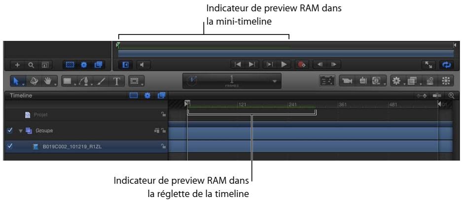 Indicateur de preview RAM dans la mini-timeline Timeline Projet Groupe B019C002_101219_R1ZL 121 241 361 481 Indicateur de preview RAM dans la réglette de la timeline