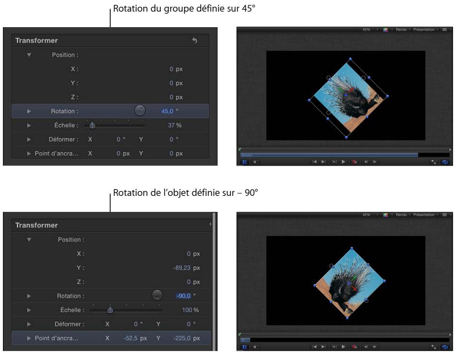 Rotation du groupe définie sur 45° Transformer Position : X : 0 px Y : 0 px Z : 0 px Rotation : 45,0 ° Échelle : 37 % Déformer : X 0 ° Y 0 ° Point d'ancra... X 0 px Y 0 px Rotation de l'objet définie sur - 90° Transformer Position : X : 0 px Y : -89,23 px Z : 0 px Rotation : -90,0 ° Échelle : 100 % Déformer : X 0 ° Y 0 ° Point d'ancra... X -52,5 px Y -225,0 px
