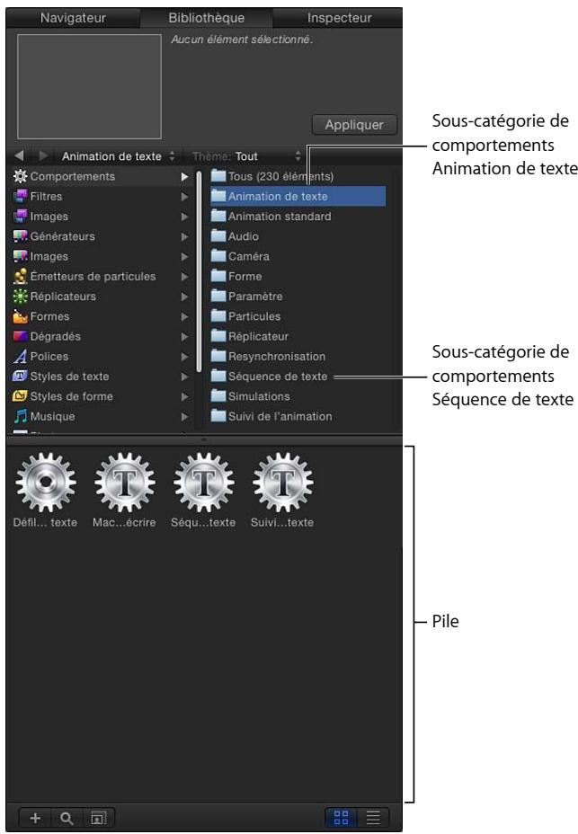 Navigateur Bibliothèque Inspecteur Aucun élément sélectionné. Appliquer Animation de texte Thème: Tout Comportements Filtres Images Générateurs Images Émetteurs de particules Réplicateurs Formes Dégradés Policies Styles de texte Styles de forme Musique Tous (230 éléments) Animation de texte Animation standard Audio Caméra Forme Paramètre Particules Réplicateur Resynchronisation Séquence de texte Simulations Suivi de l'animation Sous-catégorie de comportements Animation de texte Sous-catégorie de comportements Séquence de texte Pile