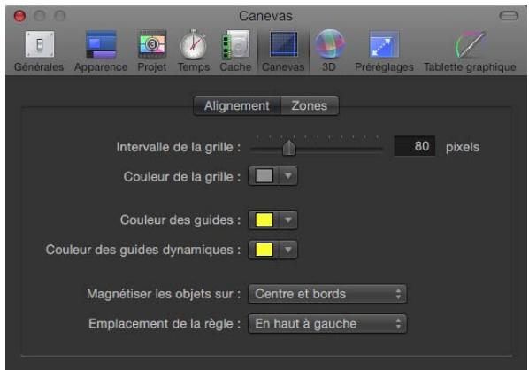 Canevas Générales Apparence Projet Temps Cache Canevas 3D Préréglages Tablette graphique Alignement Zones Intervalle de la grille : 80 pixels Couleur de la grille : Couleur des guides : Couleur des guides dynamiques : Magnétiser les objets sur : Centre et bords Emplacement de la règle : En haut à gauche
