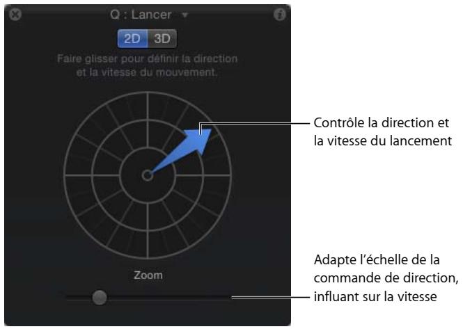Q : Lancer 2D 3D Faire glisser pour définir la direction et la vitesse du mouvement. Contrôle la direction et la vitesse du lancement Zoom Adapte l'échelle de la commande de direction, influant sur la vitesse