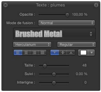 Texte : plumes Opacité : 100,00 % Mode de fusion : Normal Brushed Metal Herculanum Regular Taille : 48 Suivi : 0,00 % Interligne : 0