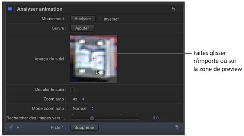 Analyser animation Mouvement : Analyser Inverser Suivre : Ajouter Aperçu du suivi : Décaler le suivi : Zoom auto : 4x Mode zoom auto : Normal Rechercher des images vers l... 3.0 Piste 1 : Supprimer Faites glisser n'importe où sur la zone de preview