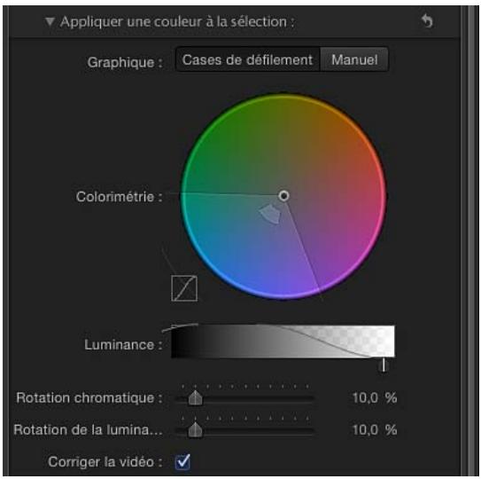 Appliquer une couleur à la sélection : Graphique : Cases de défillement Manuel Colorimétrie : Luminance : Rotation chromatique : 10,0 % Rotation de la lumina... : 10,0 % Corriger la vidéo : ✓