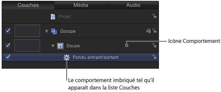 Couches Média Audio Projet Groupe Douze Icône Comportement Fondu entrant/sortant Le comportement imbriqué tel qu'il apparaît dans la liste Couches