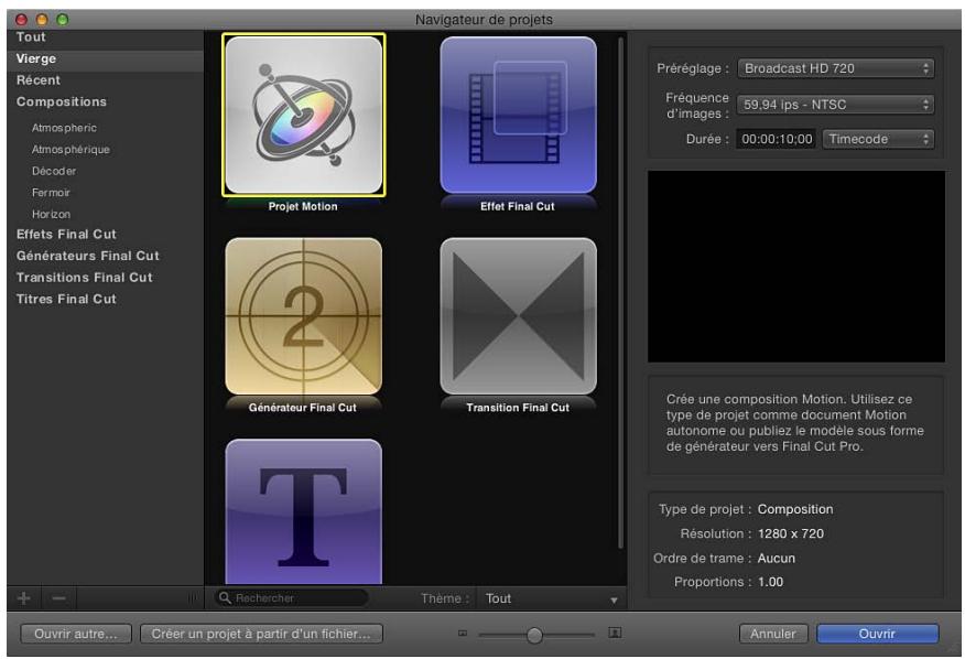 Tout Vierge Récent Compositions Atmospheric Atmosphérique Décoder Fermoir Horizon Effets Final Cut Générateurs Final Cut Transitions Final Cut Titres Final Cut Navigateur de projets Préréglage : Broadcast HD 720 Fréquence d'images : 59,94 ips - NTSC Durée : 00:00:10,00 Timecode Générateur Final Cut Transition Final Cut Crée une composition Motion. Utilisez ce type de projet comme document Motion autonome ou publiez le modèle sous forme de générateur vers Final Cut Pro. Type de projet : Composition Résolution : 1280 x 720 Ordre de trame : Aucun Proportions : 1,00 + - Rechercher Thème : Tout Ouvrir autre... Créer un projet à partir d'un fichier... Annuler Ouvrir