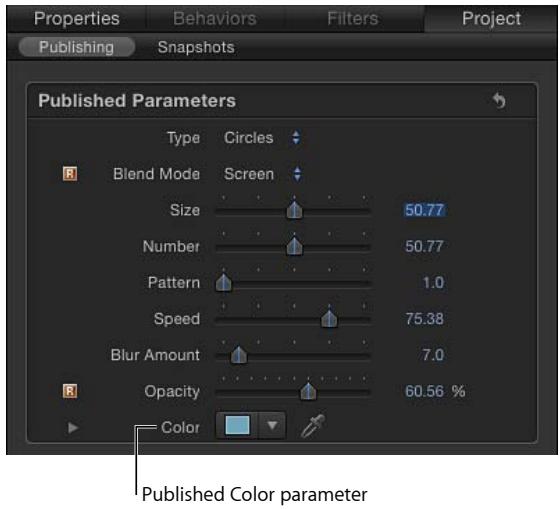 Properties Behaviors Filters Project Publishing Snapshots Published Parameters Type Circles Blend Mode Screen Size 50.77 Number 50.77 Pattern 1.0 Speed 75.38 Blur Amount 7.0 Opacity 60.56 % Color Published Color parameter