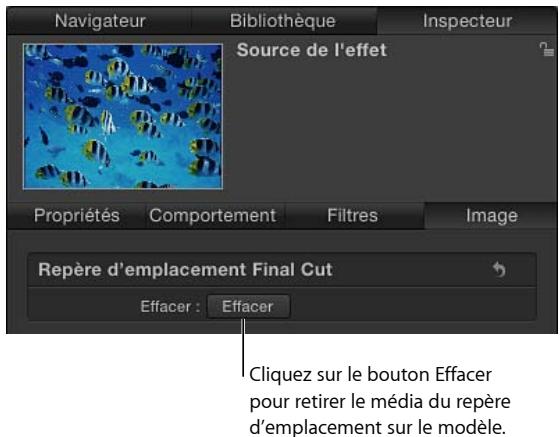Navigateur Bibliothèque Inspecteur Source de l'effet Propriétés Comportement Filtres Image Repère d'emplacement Final Cut Effacer : Effacer Cliquez sur le bouton Effacer pour retirer le média du repère d'emplacement sur le modèle.