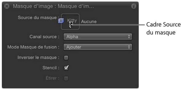 Masque d'image : Masque d'im... Source du masque : Kitty Aucune Canal source : Alpha Mode Masque de fusion : Ajouter Inverser le masque : Stencil : ✓ Étirer : Cadre Source du masque
