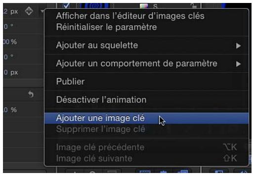 Afficher dans l'éditeur d'images clés Réinitialiser le paramètre Ajouter au squelette Ajouter un comportement de paramètre Publier Désactiver l'animation Ajouter une image clé Supprimer l'image clé Image clé précédente Image clé suivante