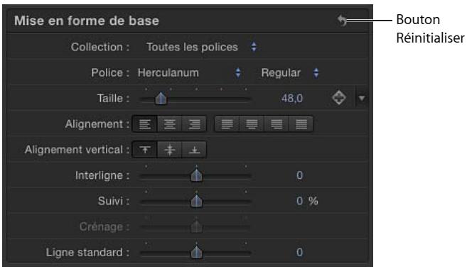 Mise en forme de base Collection : Toutes les polices Police : Herculanum Regular Taille : 48,0 Alignement : Alignement vertical : Interligne : 0 Suivi : 0 % Crénage : Ligne standard : 0 Bouton Réinitialiser