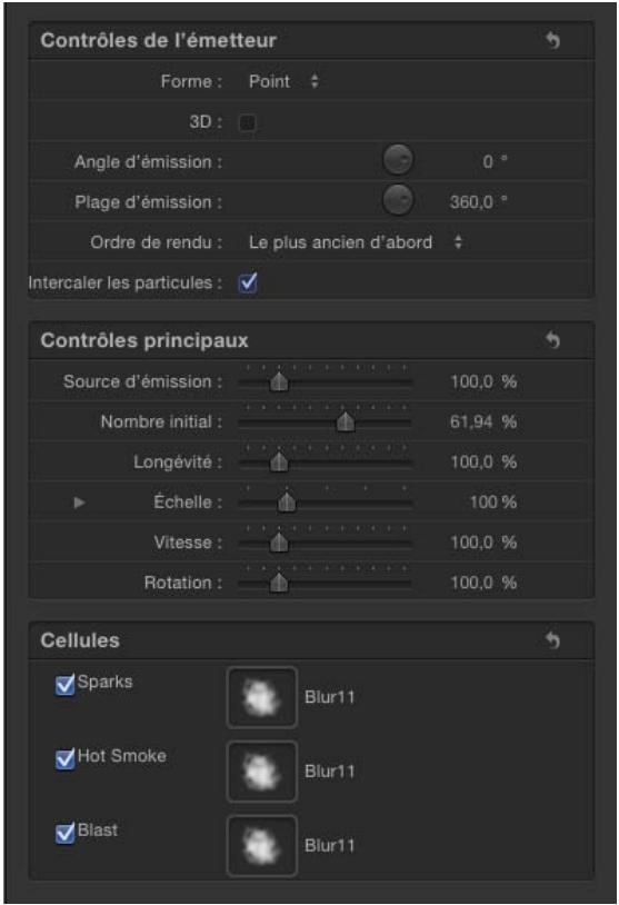 Contrôles de l'émetteur Forme : Point 3D : Angle d'émission : 0 ° Plage d'émission : 360,0 ° Ordre de rendu : Le plus ancien d'abord Intercaler les particules : Contrôles principaux Source d'émission : 100,0 % Nombre initial : 61,94 % Longévité : 100,0 % Échelle : 100 % Vitesse : 100,0 % Rotation : 100,0 % Cellules ✓ Sparks Blur11 ✓ Hot Smoke Blur11 ✓ Blast Blur11