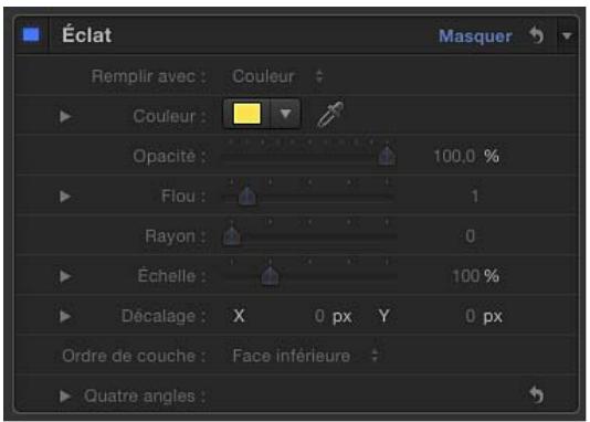 Éclat Masquer Remplir avec : Couleur Couleur : 100,0 % Opacité : 100,0 % Flou : 1 Rayon : 0 Échelle : 100 % Décalage : X 0 px Y 0 px Ordre de couche : Face inférieure Quatre angles :